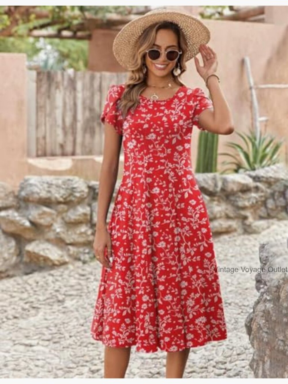 Short Sleeve Flare Midi Dress Loose Flowy Beach Sundress - Picture 3 of 7